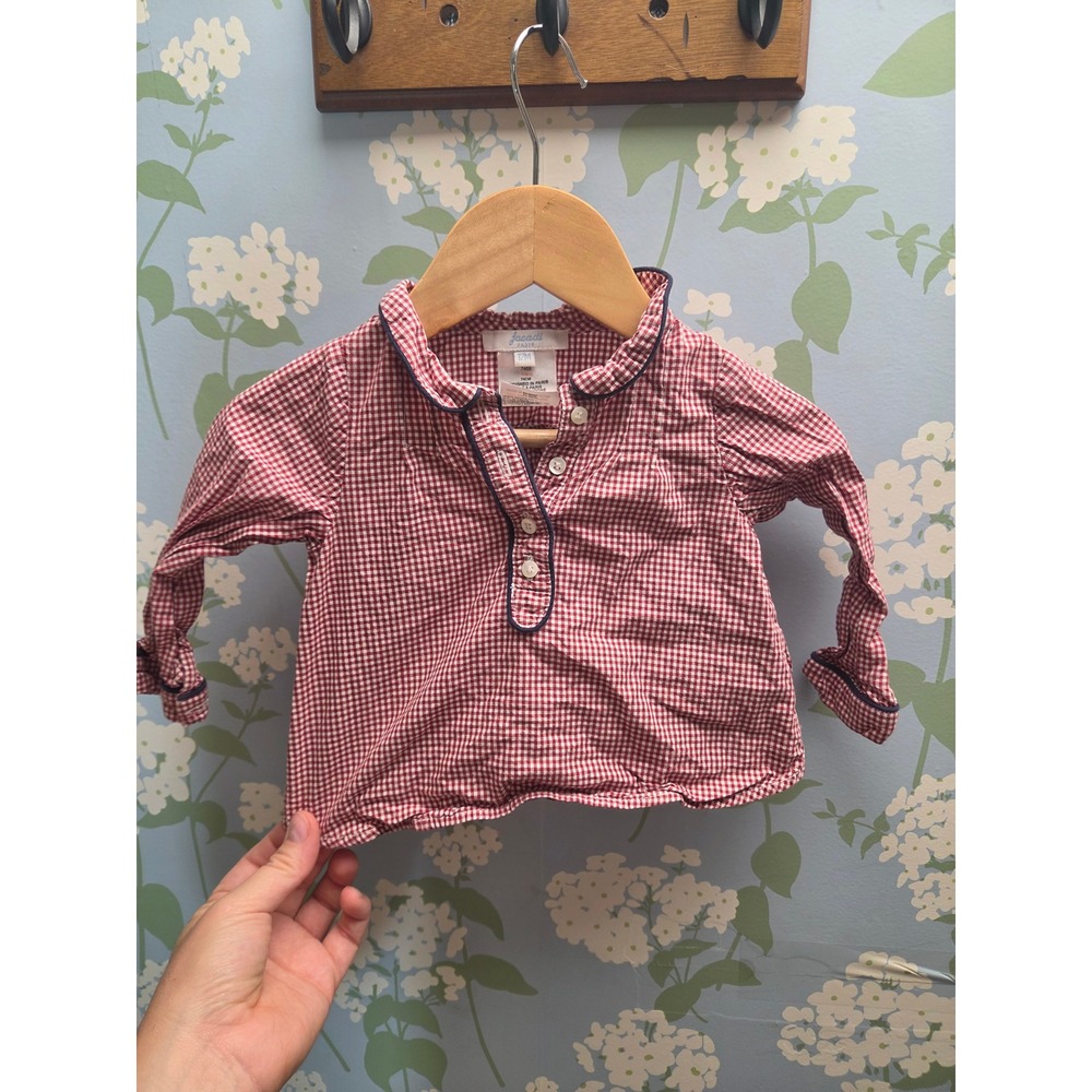 Jacadi Paris Baby Girl Red White Gingham Check Blouse Peter Pan Collar 12M